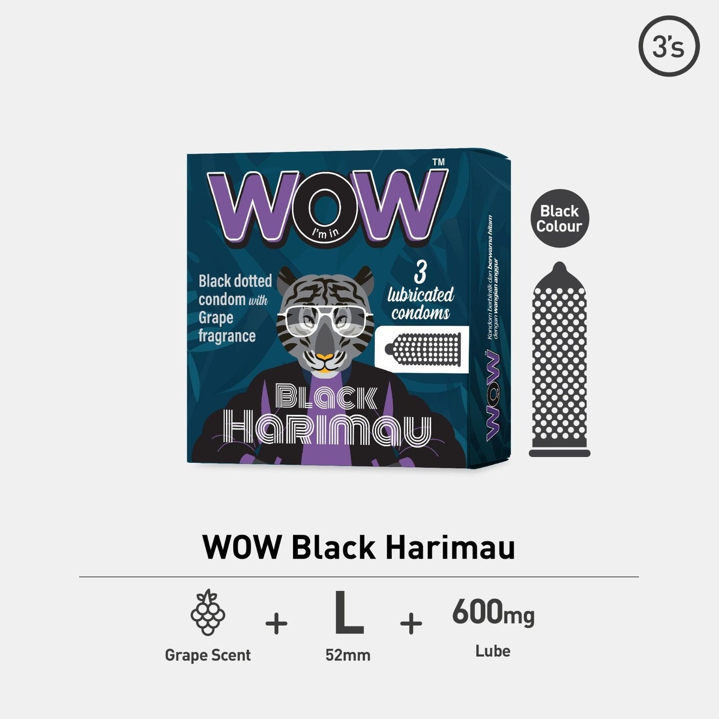 Care WOW Black Harimau 3’S Condom [Ready Stock]
